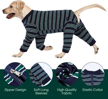 Комбінезон для собак Kuoser після операції, для великих собак, після кастрації, з довгими рукавами, альтернатива нашийнику, великий розмір XL/2XL (Rücken:49/55cm; Brust:71/80cm), смугастий темно-синій