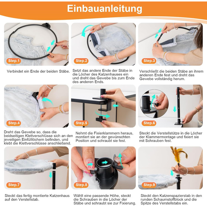 Крісло-лежанка для кота Uross на стіл - 360° обертання та регулювання висоти, м'яка гамачок для котів з 2 знімними чохлами, місце для сну для дому/офісу - для цілорічного використання (двошарове, сіре)