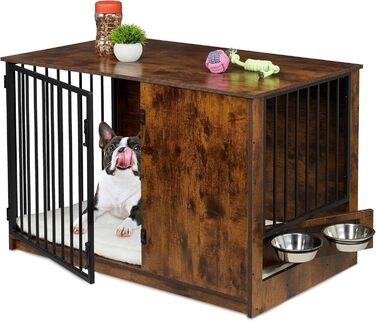 Клітка для собак Relaxdays, для дому, HBT: 65,5x102x60 см, 2 поворотні миски, собача будка з виглядом дерева, МДФ & сталь, (Коричневий/Чорний)