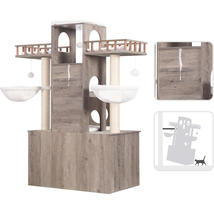Heybly HCT110SG Когтеточка з туалетом для котів, для великих котів до 9 кг, міцний сучасний котячий будинок з когтеточками, для дому, рустикальний сірий