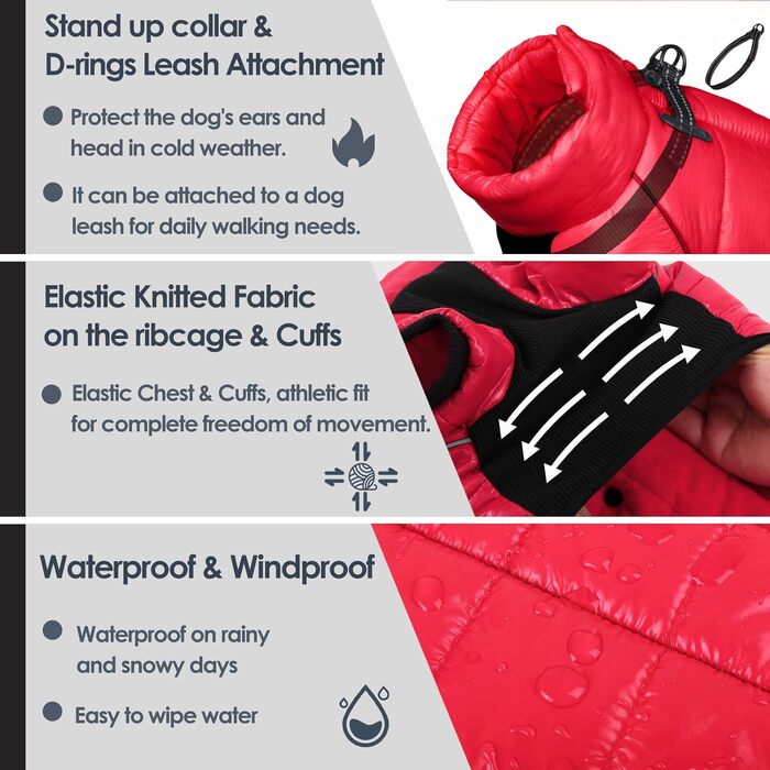Водонепроникний зимовий одяг для собак AOFITEE, тепла куртка для малих та середніх собак, зимовий одяг для собак з світловідбиваючими смугами та блискавкою, сноусуіт з флісовою підкладкою (S, Червоний)