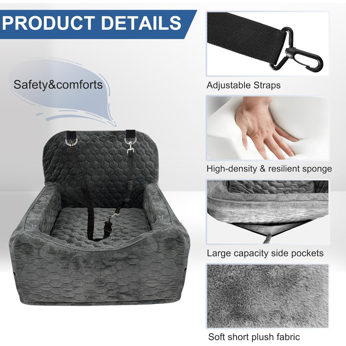 Автокрісло для собак маленьких та середніх порід до 15,9 кг з пам'яті ефекту, з товстим подушкою, знімний, пральний, з кишенями для зберігання, 2 ремені безпеки