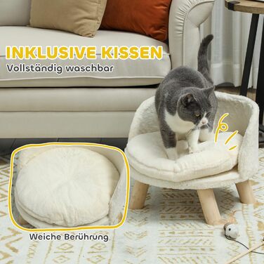 Диван для котів PawHut з подушкою, підняте ліжко для котів і собак, м'яке крісло-хокер з нековзкими дерев'яними ніжками, для дому, кремово-білий, 40,5x40,5x33 см