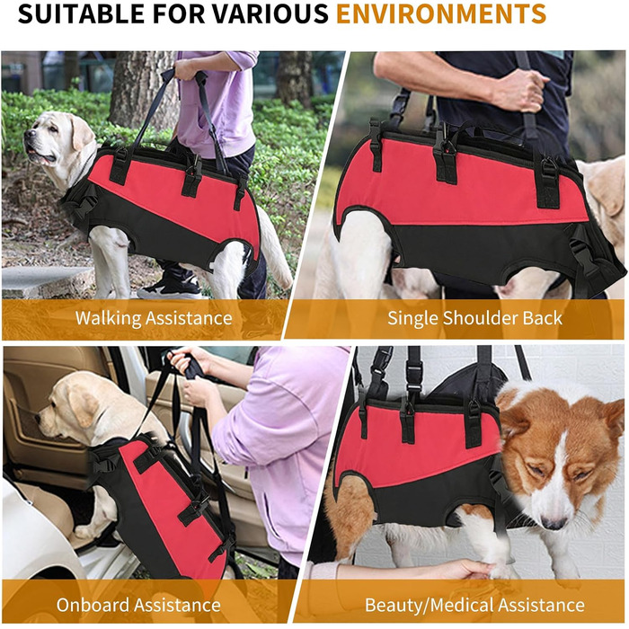 PETCUTE Рюкзак-переноска для собак, жилет-рюкзак для великих собак, повний жилет з ручкою, регульований рюкзак для собак з артритом, старих собак, з проблемами суглобів, чорний+червоний, 7.5-15 кг