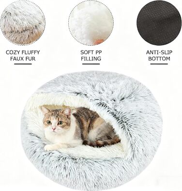 М'яке ліжко для домашніх тварин: ліжко для котів та собак, плюшеве, тепле, з капюшоном, антиковзаюче, сіре (65 см Ø)