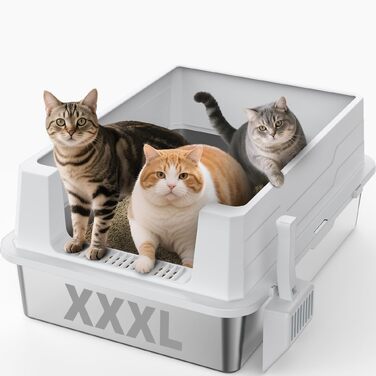 Лоток для котів з нержавіючої сталі MIXJOY XL, великий туалет для котів 28л з високими бортами та совком, противитікання (Сріблястий, 71x51x30см)
