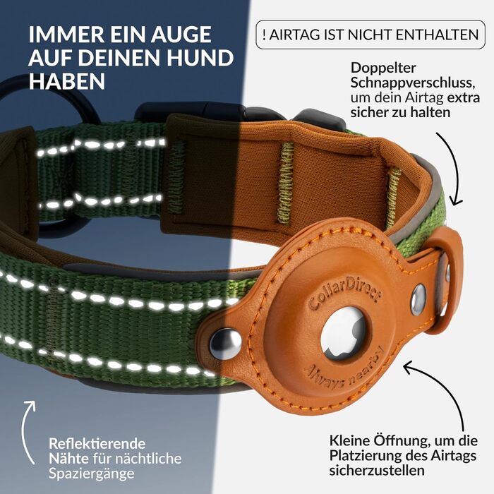 Нашийник для Apple AirTag для собак CollarDirect, світловідбиваючий, зелений, розмір M (34-42 см)