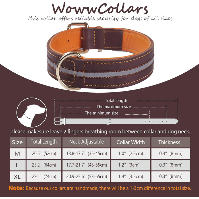 Нашийник для собак з міцної натуральної шкіри, регульований, з м'якою підкладкою, для собак середніх, великих та екстра-великих порід (колір: коричневий), розмір XL
