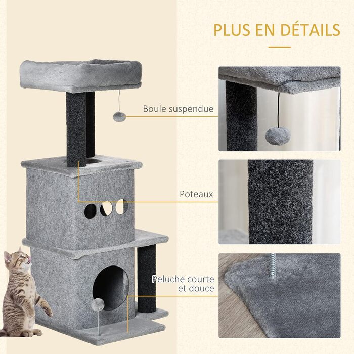 Дряпка для котів PawHut Cosy Chic, багатофункціональний ігровий комплекс з будиночком, платформами, лежаком і ігровим м'ячем, знімний та миючий фетровий плед, плита ДСП, плюш, 48x48x100 см, сірий