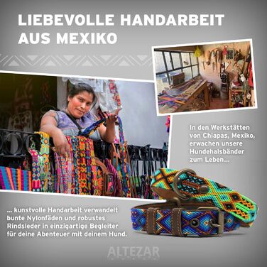 Шкіряний нашийник для собак ALTEZAR, коричнева яловича шкіра, вишивка у стилі трайбл, синьо-коричнево-бежевий, ручна робота з Мексики, розмір S, для маленьких собак