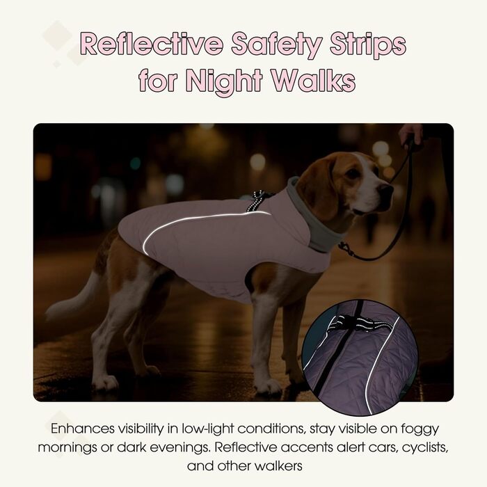 Водонепроникний зимовий теплий одяг для собак середніх порід QBLEEV з інтегрованим шлейкою та світловідбиваючими елементами, рожевий