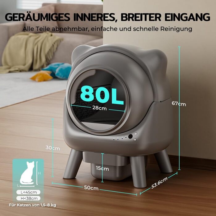 Автоматичний лоток для котів Cura X1: самоочищення, 80+8л, сенсори, контроль через додаток, для кількох котів