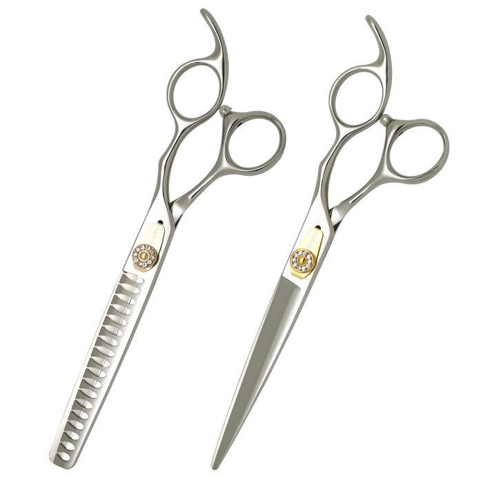 Набір професійних ножиць для грумінгу домашніх тварин 7 дюймів (18 зубців) для собак та котів. Прямі та розріджуючі ножиці, 45% розрідження