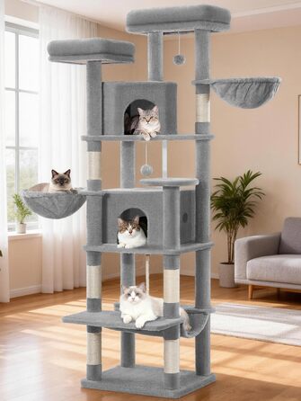 Котячий будиночок Kratzbaum Groß 216 см: великий, стабільний, з 2 печерами, 2 платформами, 2 кошиками та гамаком для дому. FPMS007FG1 (50x40x175 см, світло-сірий)