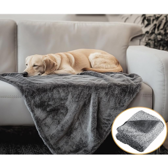 Водонепроникний килимок для собак 100x120 см - м'який, пухнастий, для собак середніх порід до 16 кг, чорно-білий, підходить для вулиці та дивану