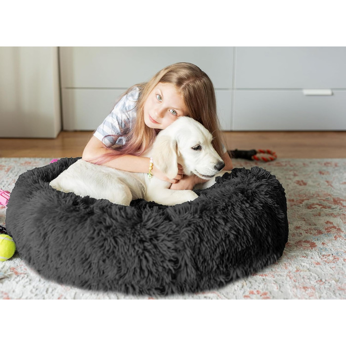 Кругле ліжко для собак та котів 60 см - М'яке, пухнасте ліжко з піднятими бортиками - Нековзний низ - Силіконова наповнювач для комфорту та тепла - Легке у догляді - (графіт)