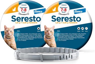 Seresto нашийник від бліх та кліщів для котів: 7-8 місяців захисту, 36 см, 1.25 г + 0.56 г, 2 шт. в упаковці