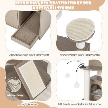 Дерев'яний комплекс для котів COSTWAY з будиночком, когтеточкою, іграшками та м'яким лежанком. Великий кігтешкребок для котів, сірий, 95x55,5x132 см