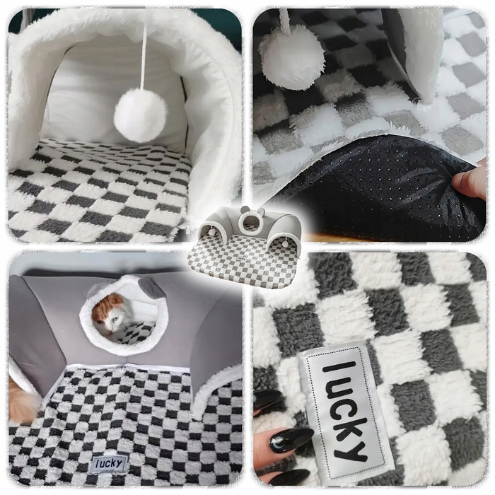 Плюшеве ліжко-шахівниця для котів з тунелем 2в1, сіре, розмір XL 86x70x26 см