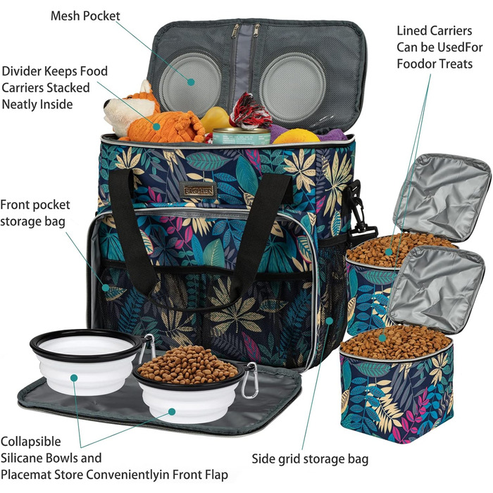 Сумка для собак Baglher, подорожі з домашніми тваринами: набір для перевезення з 2 контейнерами для корму та 2 складною мискою (Medium, Hawaii)