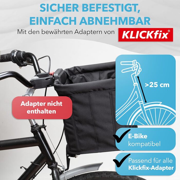 Фридбаг Кошик на кермо велосипеда KLICKfix [Сумісний з електровелосипедом] для жінок - чорна велосипедна сумка