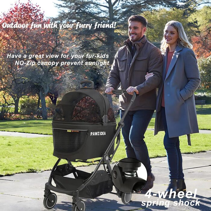 PAWZIDEA Візок для собак 4-в-1, переноска для котів, чорний. Візок для тварин до 33 кг, швидко складається, з капюшоном Easy-Lock