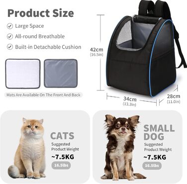 Рюкзак для кота/собаки PETCUTE: переноска-рюкзак для маленьких тварин, зручна для прогулянок, з м'якою підстилкою, зелений (чорний+блакитний)