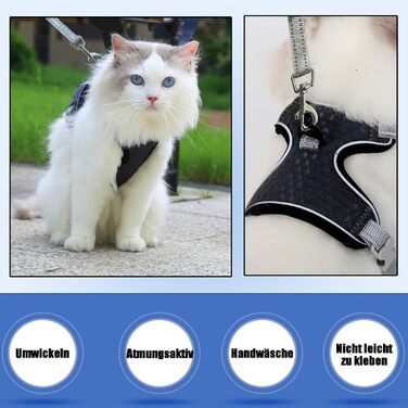 Шлейка для кота Brustgeschirr Cat, надійна та зручна, з регулюванням та світловідбиваючими смугами (Чорний, S)