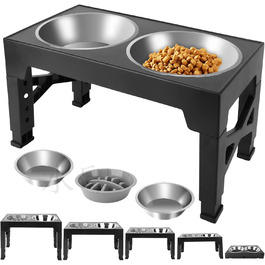 Підвищені годівниці для собак JumeiYoupin - набір з 3 шт. (2 з нержавіючої сталі, 1 для повільного годування) - 5 рівнів висоти - зменшують навантаження на шию - неслизькі годівниці для собак будь-якого розміру та котів
