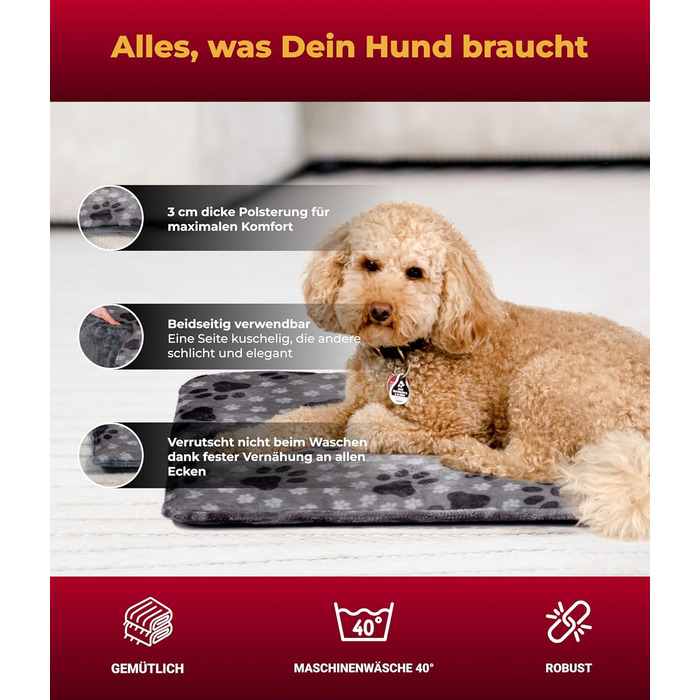 HS-Hundebett® Лежак для собак середній 65x95 см, двосторонній, м'який, 3 см наповнювач, для дивану, авто та переноски, сірий з лапкою, вироблено в Німеччині