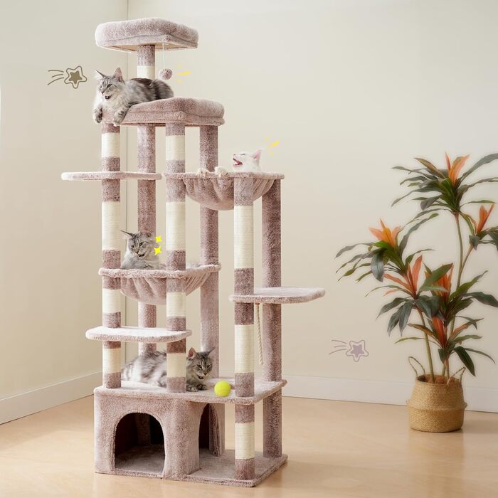 Кігтеточка Heybly Kratzbaum 180 см: велика, стійка, з будиночком, гамаками, для мейн-кунів та інших великих котів, коричнево-бежева
