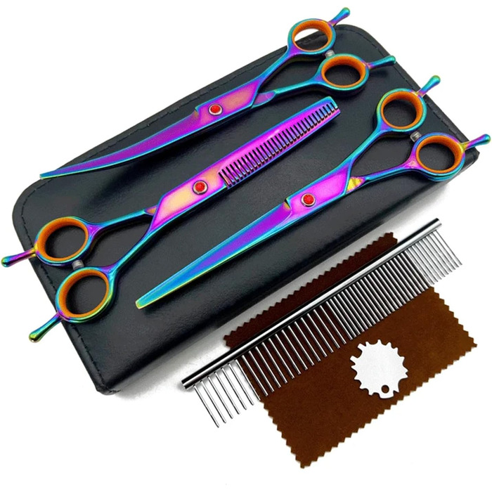 Ножиці для грумінгу собак і котів, нержавіюча сталь, професійний набір для догляду за шерстю, з вигнутими, прямими та розріджувальними ножицями, фіолетовий колір