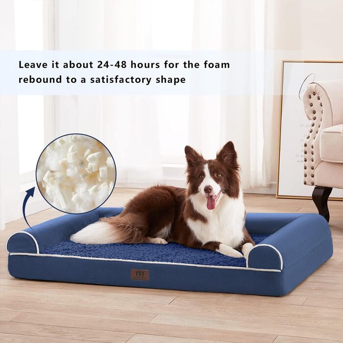 Ортопедичне ліжко для собак Western Home великих та середніх порід, велике, миється, з бортиком, 71x58x16 см, Navy Blue