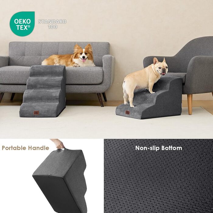 Сходинки для собак EHEYCIGA: компактні, 40 см, для маленьких собак, сірі. 3 сходинки, антиковзаюче покриття, миючий чохол. Розміри: 40 x 57 x 40 см