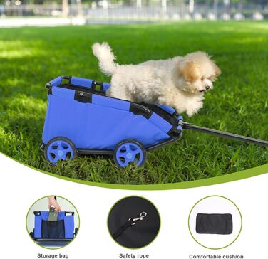 Міні-візок для тварин, складний багатофункціональний візок для покупок з висувним ручками, для прогулянок на вулиці, з подушкою та страхувальним тросом, з кишенькою (Блакитний)