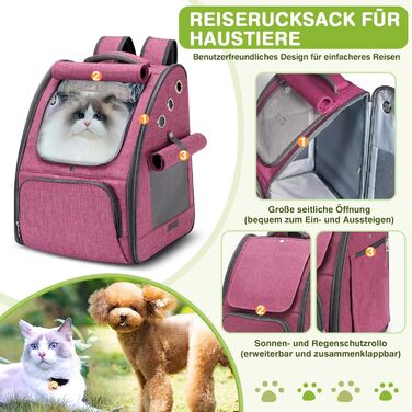 Рюкзак для котів та собак ALLSOPETS, складний, дихаючий, з сонцезахистом, для маленьких котів та собак. Ідеально для подорожей, кемпінгу та походів (Колір: Ягідний рожевий)