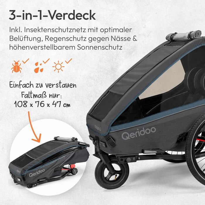 Qeridoo Kidgoo 2: Причіп для велосипеда на 2 дітей з підвіскою та системою ARS, коляска-візок, причіп-велосипед для дітей, складаний, 45L, Navy Blue