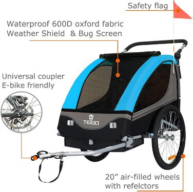 Причіп для дитячої коляски Tiggo S2 з підвіскою, 2-в-1, для бігу та велосипеда, причіп-трансформер, поворот на 360°, блакитний