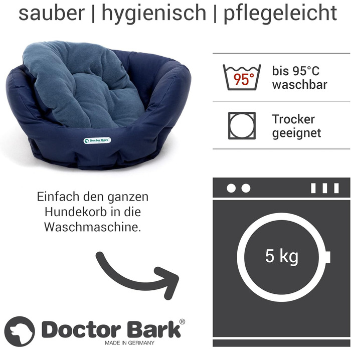 Кругле ортопедичне ліжко-кошик для собак Doctor Bark, маленьке, з двосторонньою подушкою, машинне прання до 95°C, синє, 40x35 см, Німеччина