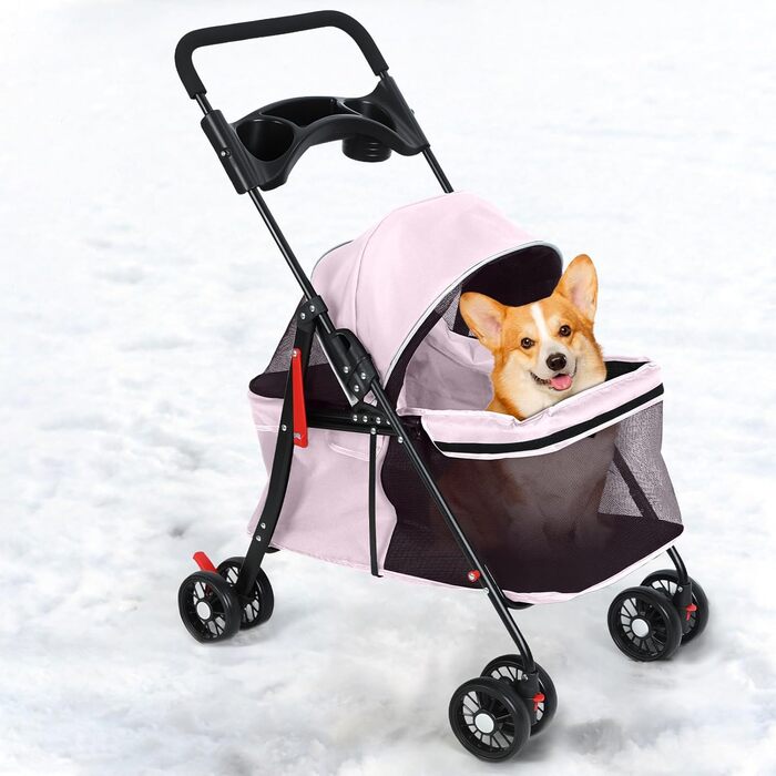 Візок для собак 2 в 1, будівельник для собак до 20 кг, 4 пари коліс 360°, візок для собак/кішок/дітей з тримачем для напоїв, складний візок для маленьких/середніх собак та котів (Рожевий)