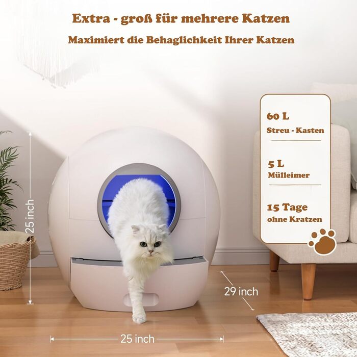 Автоматичний електричний туалет для котів ELS PET XXL з самоочищенням, керуванням через додаток, смарт-оповіщеннями та моніторингом здоров’я для 2-4 котів, білий