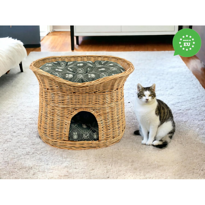 Кошик для котів XL 70 см овальний з лози, двоповерхове ліжко для котів і собак з м'якими темно-сірими подушками, натуральний колір, котяча хата для дому