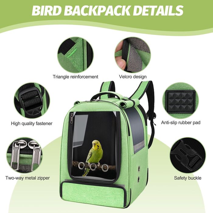 Рюкзак-переноска для птахів Vogel-Rucksack з лотком, жердиною та годівницею, водонепроникний, для папуг та середніх птахів (зелений)