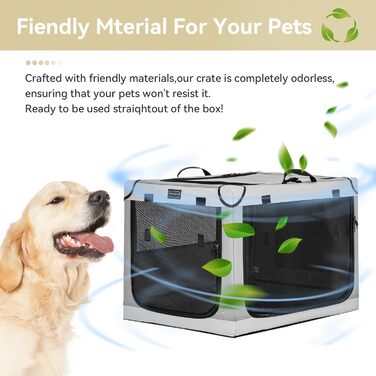Складаний бокс для великих собак Petsfit, світло-сірий, L 91×61×59 см, міцна транспортна клітка з вентиляційною сіткою для дому та подорожей
