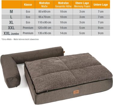 JAMAXX® Преміум собаче ліжко 4-в-1 з ортопедичним матрацом Memory Visco, знімні подушки, змінний чохол, прання допустиме, додаткова товщина наповнювача, спеціальний розмір PDB3015 (3XL) Jumbo 135x95x14 см, коричневий