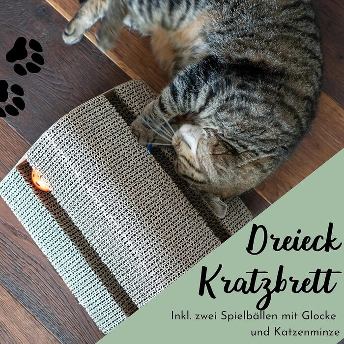Іграшка для котів Fellou з дзвіночком та котячою м'ятою, когтеточка-панель з антиковзкими ніжками та котячою м'ятою, іграшка-трикутник для котів (2 м'ячики)