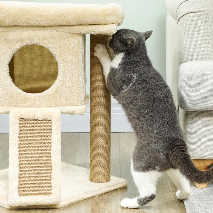 Дерев'яний котячий комплекс PawHut 57 см з будиночком, лежанкою та когтеточкою, іграшкою, для котів до 5 кг, бежевий