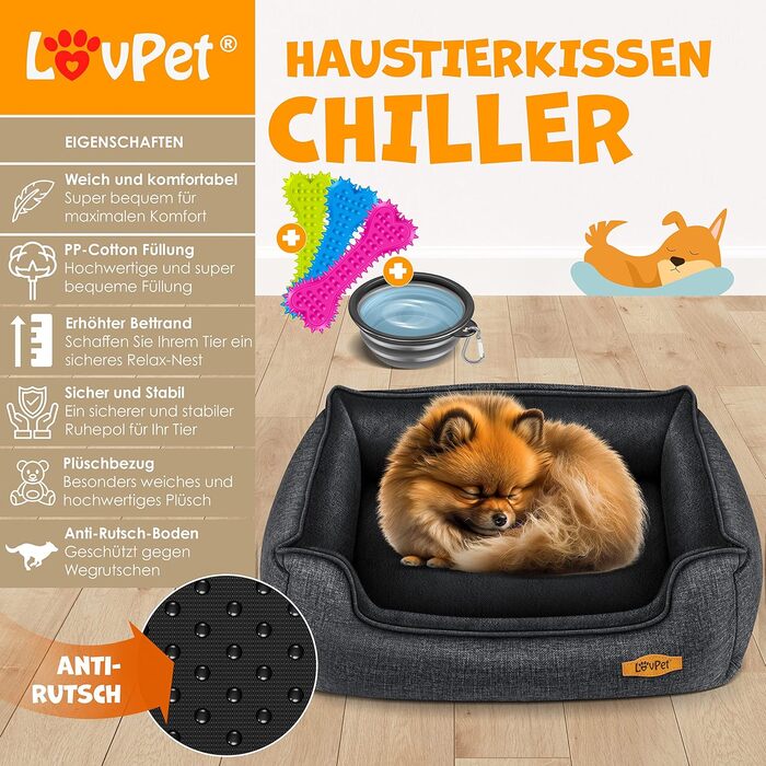 Ліжко для собак Lovpet Chiller XL, антрацит, з мискою і 3 жувальними кістками, знімний і праний чохол, 110×75×27 см, для малих, середніх і великих собак