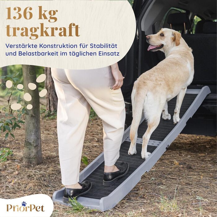 Рампа для собак у машину, складана – 174 см, 38 см – протиковзка гумова поверхня, для великих собак – стійка сходинка для авто та SUV – вантажопідйомність 136 кг – чорна (світло-сіра)
