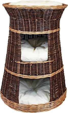 Корзина для котів для сну - котяча хатинка для дому - розмір 43 x 49 x 70 см, кругла - котяча печера з лози, трирівневе ліжко для собак або котів з пральним подушками в кольорі слонова кістка - лакована корзина з бежевими подушками
